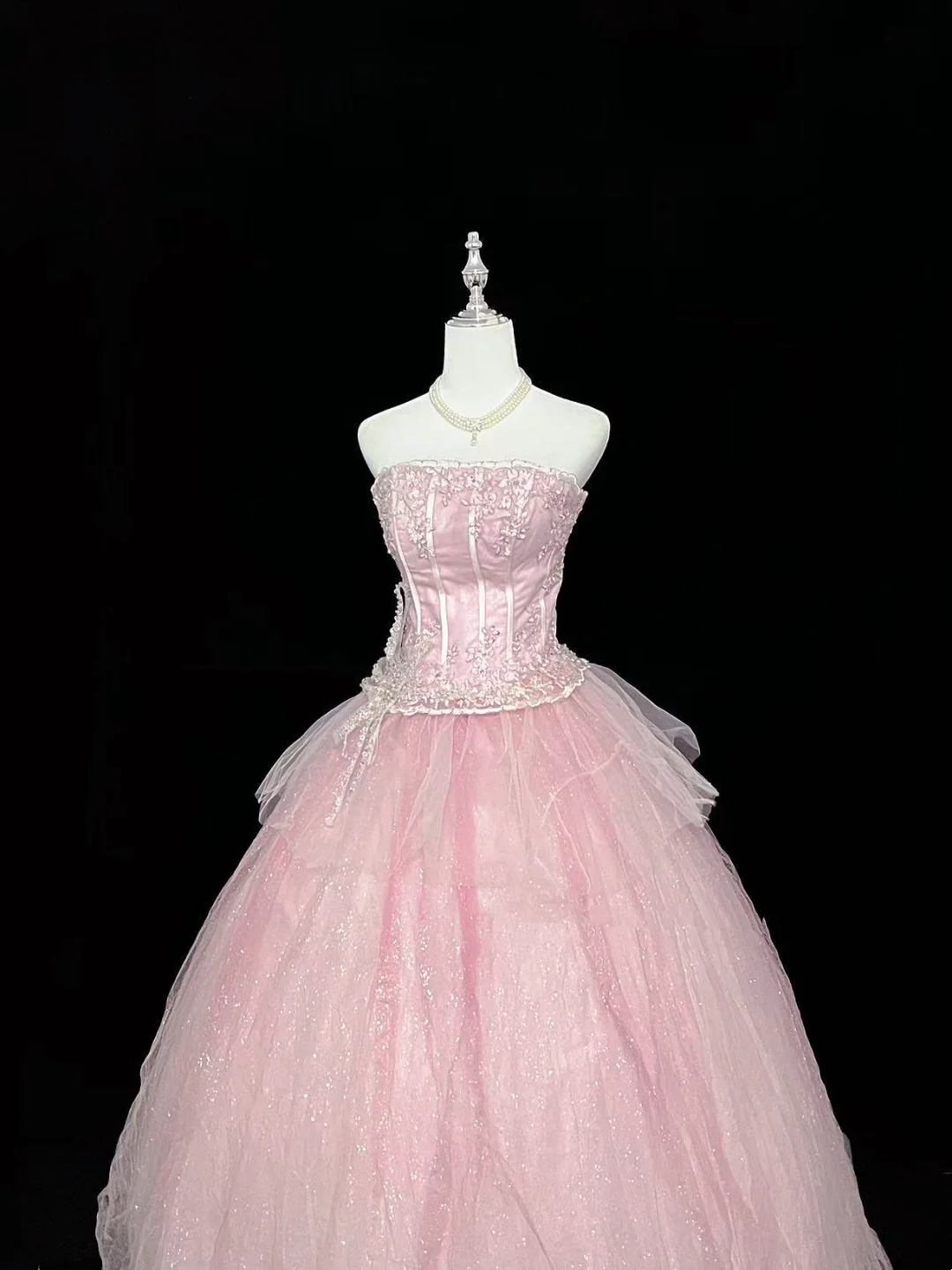 Trägerloses silbernes Vintage-Abendkleid, A-Linie, Geburtstagskleid J9370