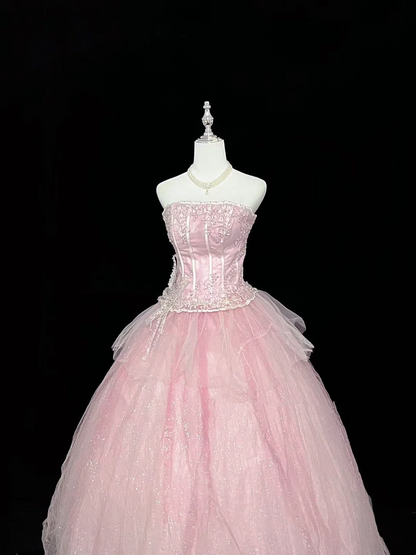 Trägerloses silbernes Vintage-Abendkleid, A-Linie, Geburtstagskleid J9370