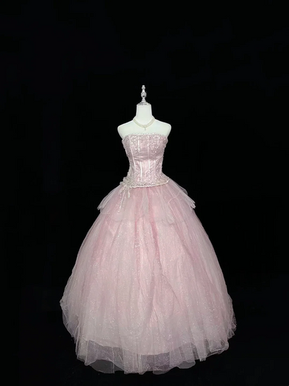 Trägerloses silbernes Vintage-Abendkleid, A-Linie, Geburtstagskleid J9370