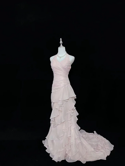 Robe de bal rose à col en V et volants superposés, modèle J9373