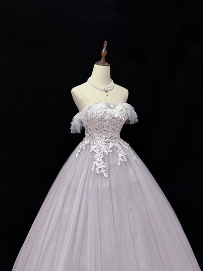 Robe de bal en tulle à épaules dénudées avec applications, robe de soirée formelle J9375