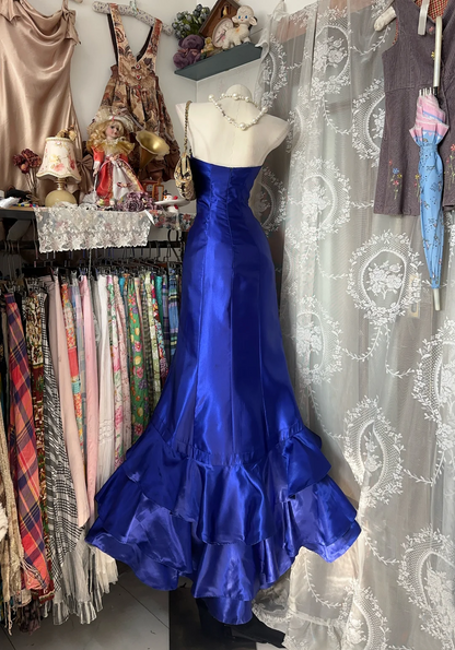 Strapless Royal Blue Satin Prom Dress Mermaid Evening Dress J9380