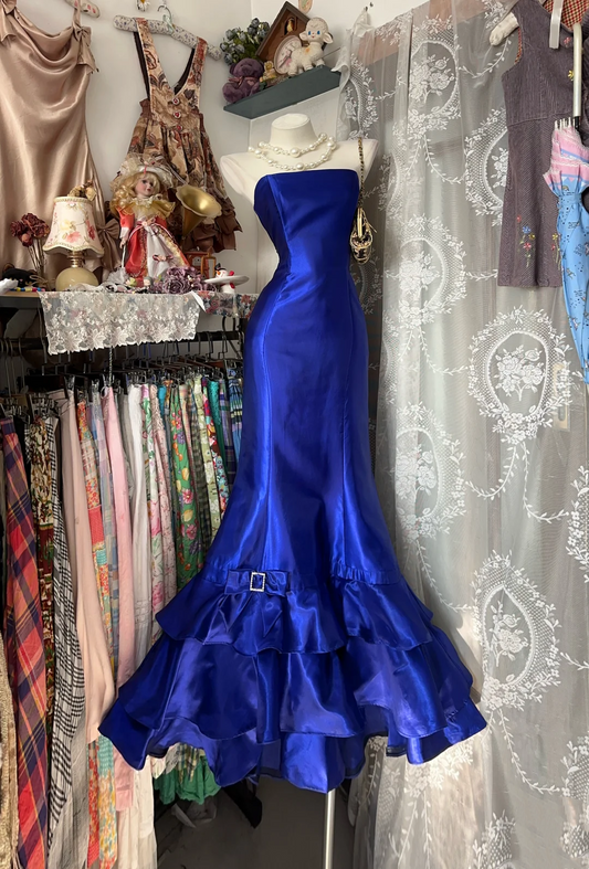 Strapless Royal Blue Satin Prom Dress Mermaid Evening Dress J9380