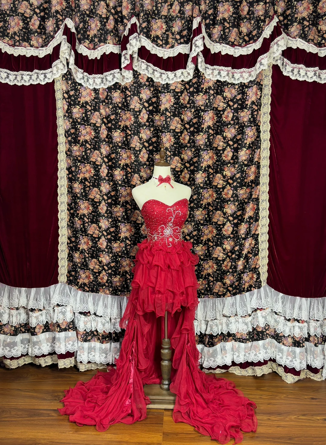 Sweetheart Red Ruffle Hight Low Prom Dress Beaded Evening Dress J9383
