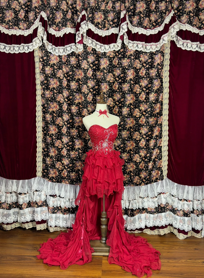 Sweetheart Red Ruffle Hight Low Prom Dress Beaded Evening Dress J9383