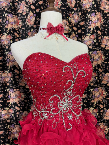 Sweetheart Red Ruffle Hight Low Prom Dress Beaded Evening Dress J9383