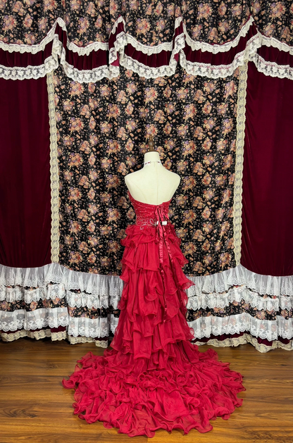 Sweetheart Red Ruffle Hight Low Prom Dress Beaded Evening Dress J9383