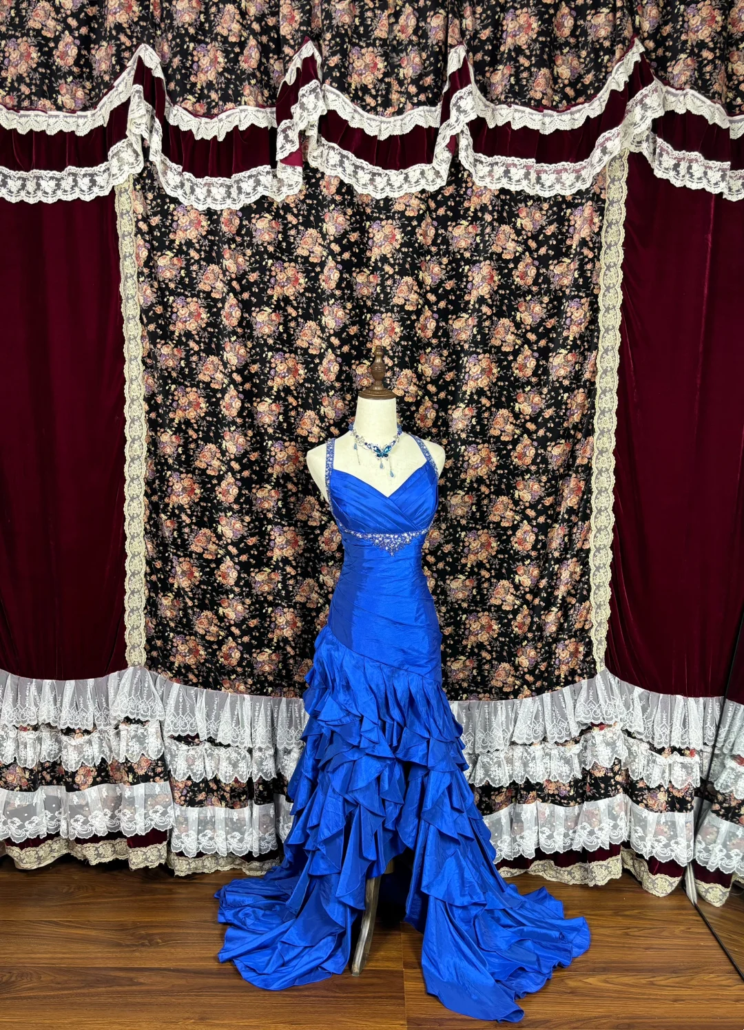 V Neck Royal Blue Layered Prom Dress Satin Evening Dress J9384