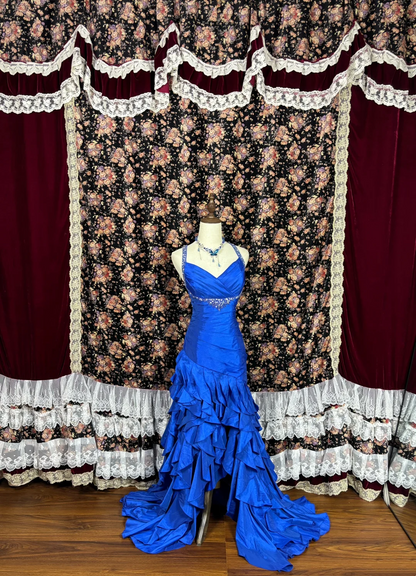 V Neck Royal Blue Layered Prom Dress Satin Evening Dress J9384
