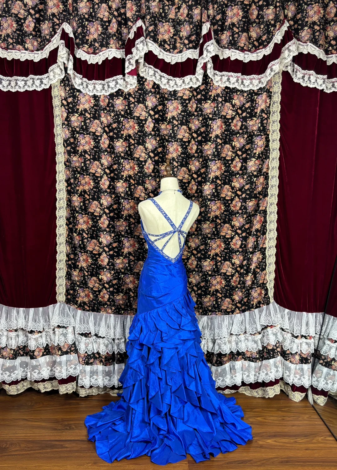 V Neck Royal Blue Layered Prom Dress Satin Evening Dress J9384