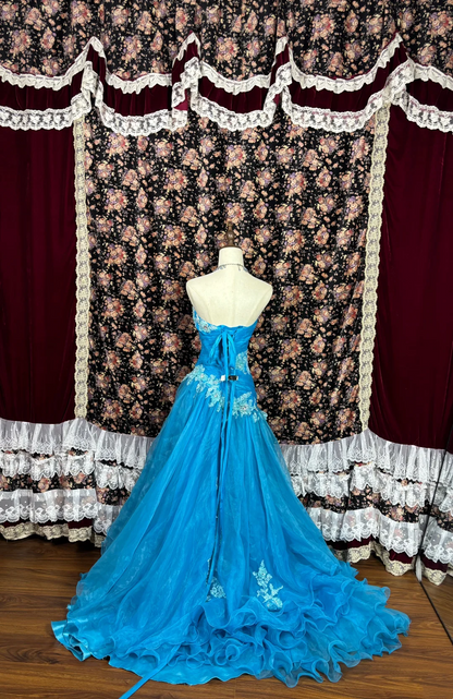 Robe de bal bleue à décolleté cœur avec appliques - Robe de soirée formelle J9386