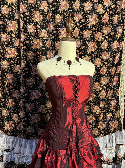 Robe de bal bordeaux bustier à volants, robe de soirée, robe de cérémonie J9394