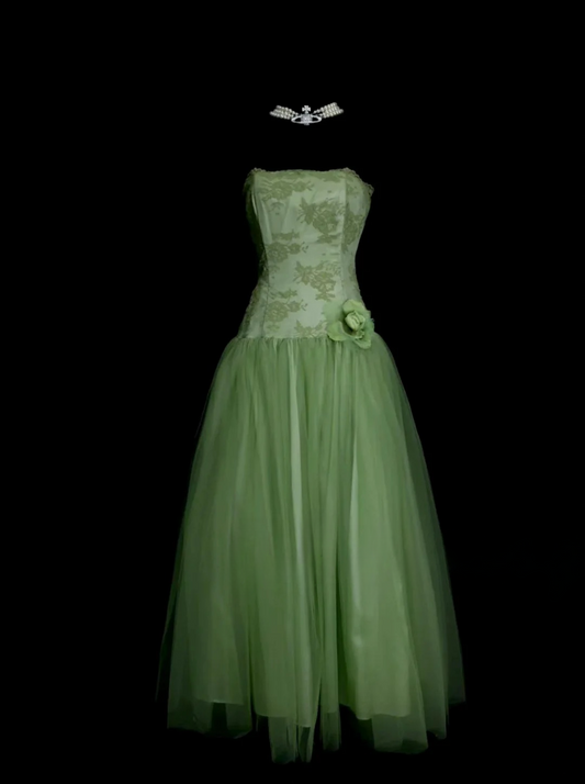 Trägerloses silbernes Vintage-Abendkleid, A-Linie, Geburtstagskleid J9370