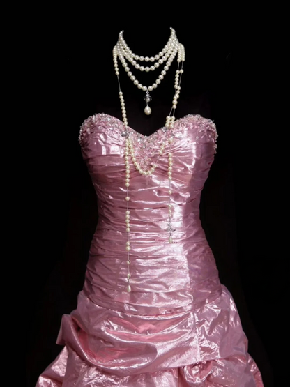 Trägerloses silbernes Vintage-Abendkleid, A-Linie, Geburtstagskleid J9370