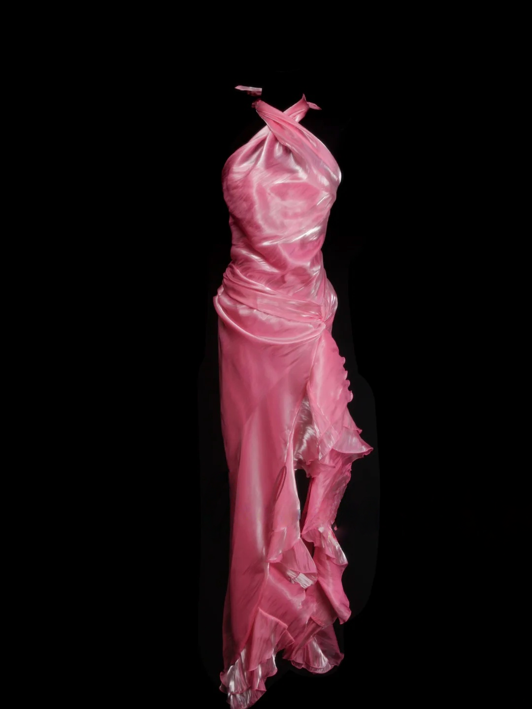 Halter Pink Ruffle Prom Dress Formal Party Dress With Slit  J9412
