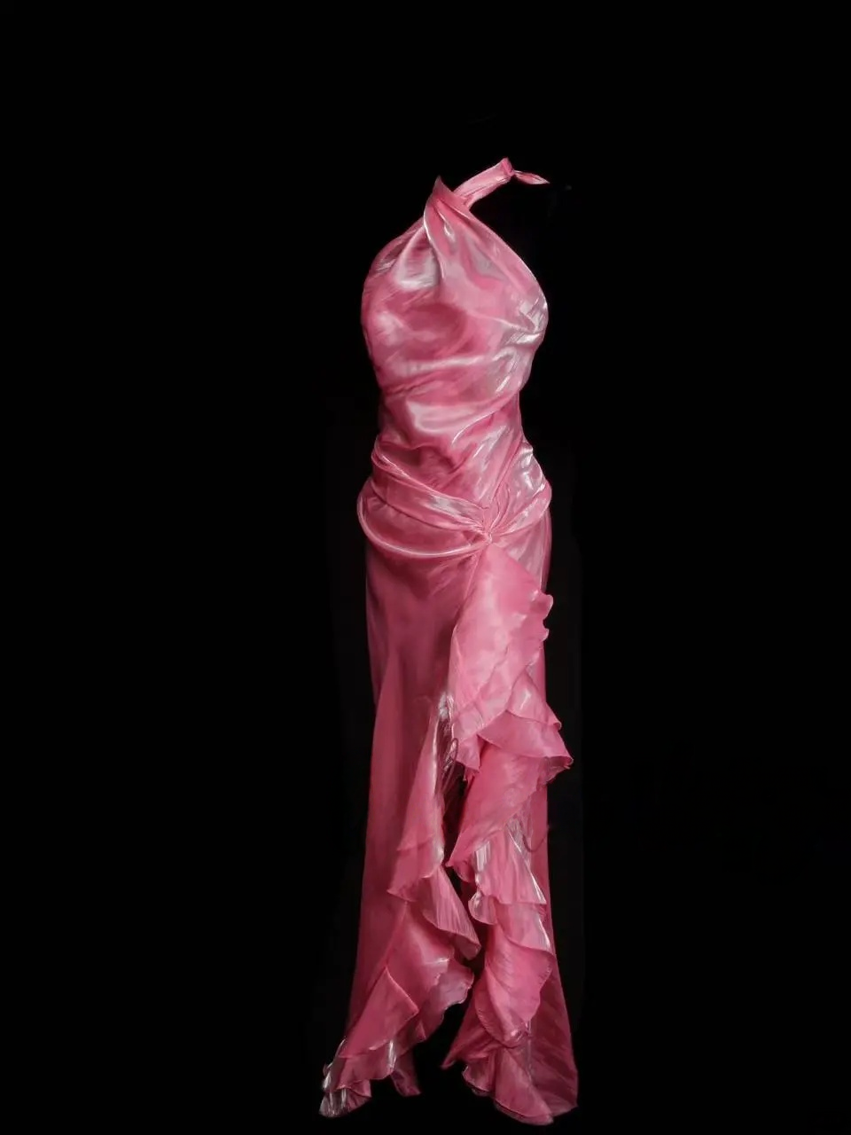 Halter Pink Ruffle Prom Dress Formal Party Dress With Slit  J9412