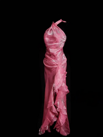 Halter Pink Ruffle Prom Dress Formal Party Dress With Slit  J9412