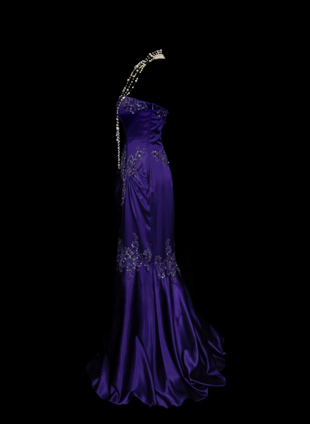 Robe de bal bustier violette en satin avec appliques, robe de soirée formelle J9413