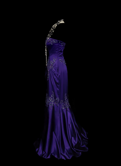 Robe de bal bustier violette en satin avec appliques, robe de soirée formelle J9413
