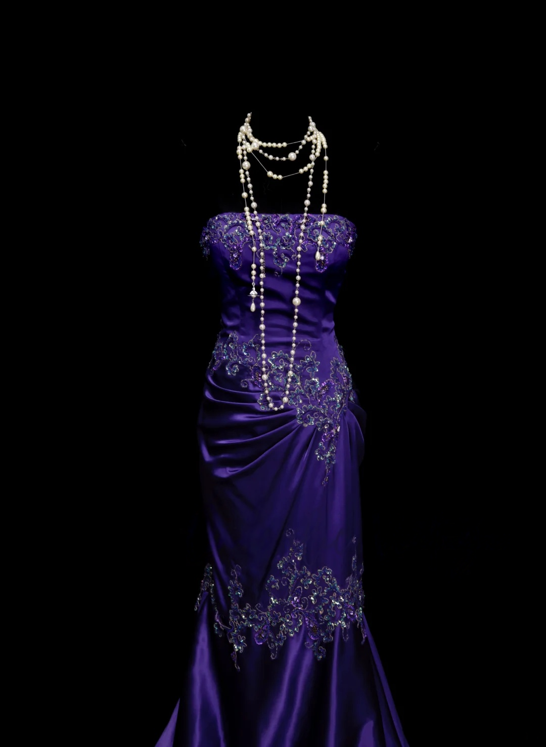 Robe de bal bustier violette en satin avec appliques, robe de soirée formelle J9413