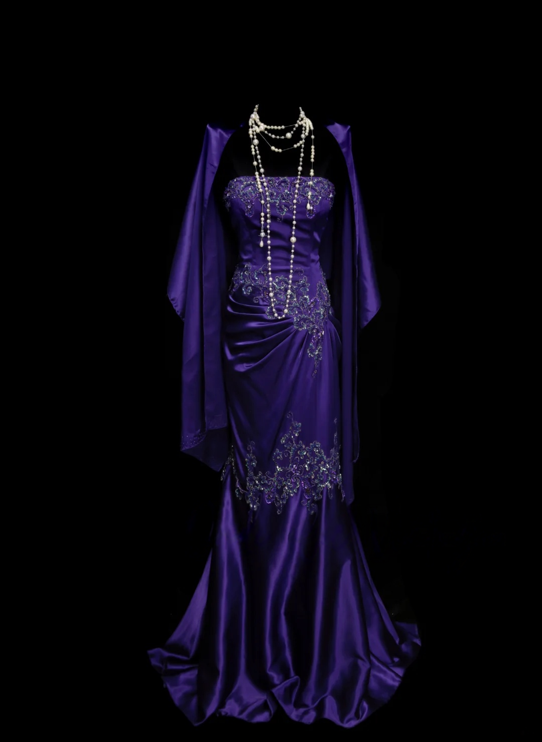 Robe de bal bustier violette en satin avec appliques, robe de soirée formelle J9413