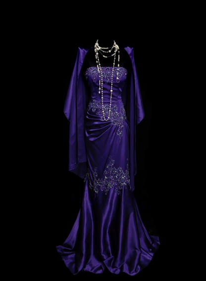 Robe de bal bustier violette en satin avec appliques, robe de soirée formelle J9413