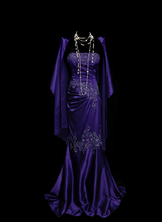 Trägerloses silbernes Vintage-Abendkleid, A-Linie, Geburtstagskleid J9370