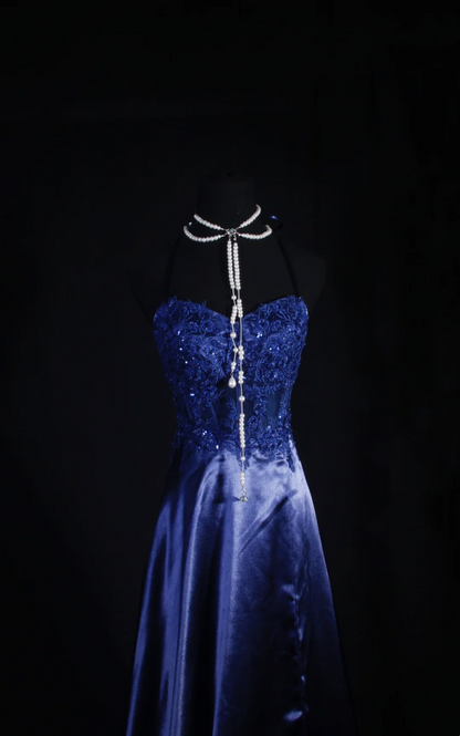 Robe de bal bustier violette en satin avec appliques, robe de soirée formelle J9413