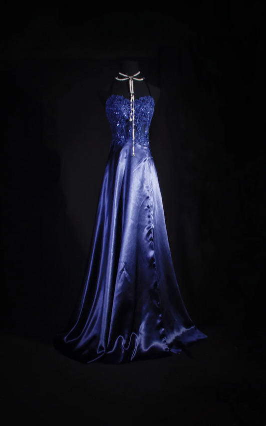 Navy Blue Sweetheart Satin Prom Dress Applique Evening Dress Formal Party Dress  J9415