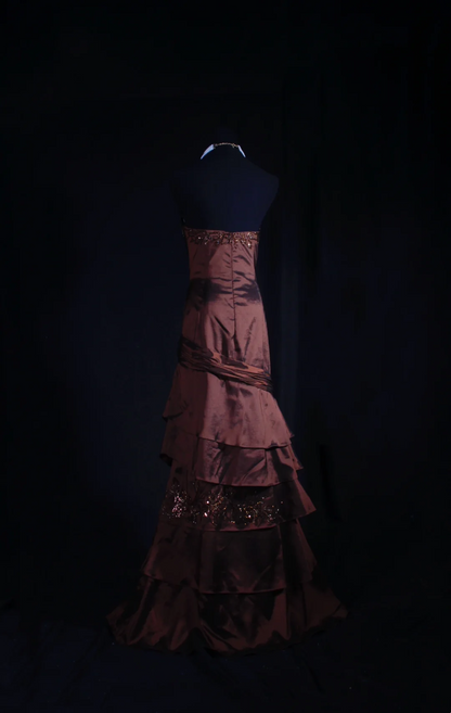 Strapless Brown Beaded Satin Prom Dress Layered Formal Evening Dress J9417