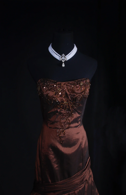 Strapless Brown Beaded Satin Prom Dress Layered Formal Evening Dress J9417
