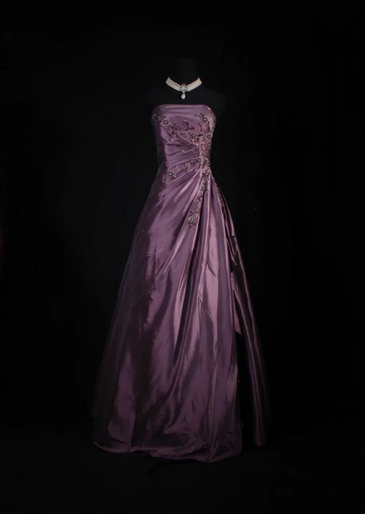 Robe de bal bustier violette en satin avec appliques, robe de soirée formelle J9413