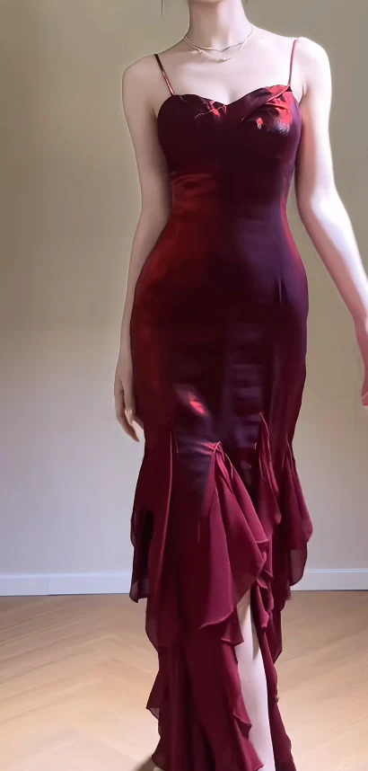 Spaghetti Strap Sheath Long Prom Dresses Burgundy Ruffle Evening Dresses J9427