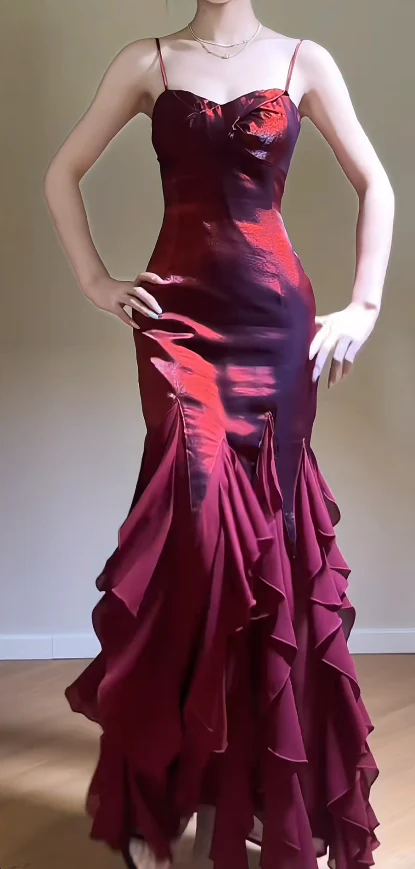 Spaghetti Strap Sheath Long Prom Dresses Burgundy Ruffle Evening Dresses J9427