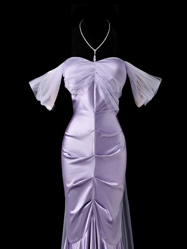 Mermaid Long Prom Dresses Off-The-Shoulder Satin Lavender Formal Dresses J9428