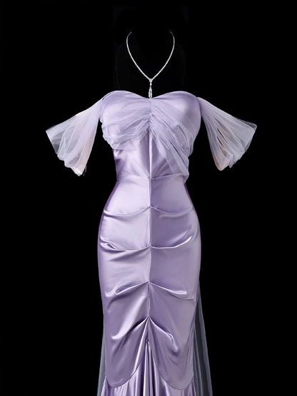 Mermaid Long Prom Dresses Off-The-Shoulder Satin Lavender Formal Dresses J9428