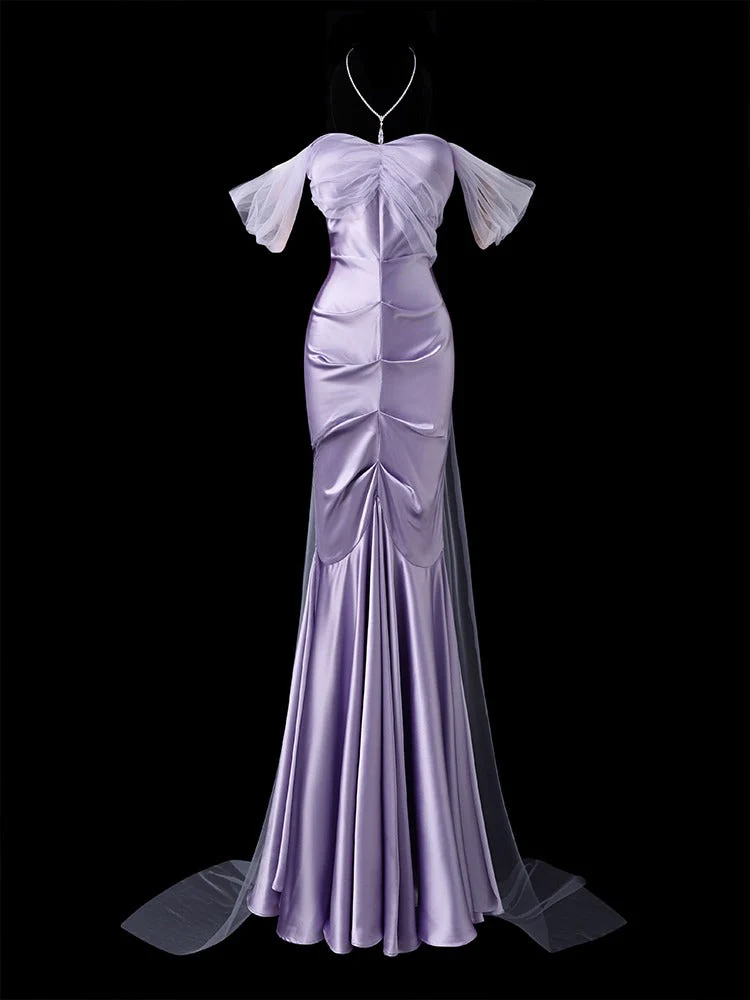 Mermaid Long Prom Dresses Off-The-Shoulder Satin Lavender Formal Dresses J9428