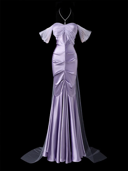 Mermaid Long Prom Dresses Off-The-Shoulder Satin Lavender Formal Dresses J9428