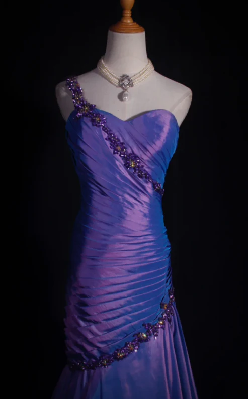 One Shoulder Mermaid Purple Long Prom Dresses Taffeta  Evening Dresses J9434