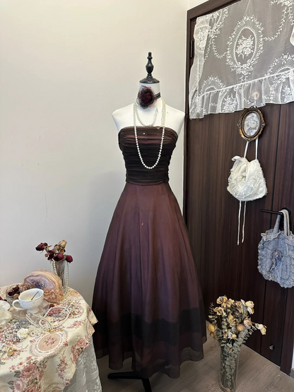 Trägerloses silbernes Vintage-Abendkleid, A-Linie, Geburtstagskleid J9370