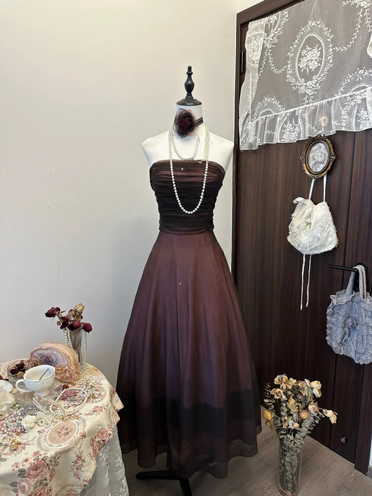 Trägerloses silbernes Vintage-Abendkleid, A-Linie, Geburtstagskleid J9370