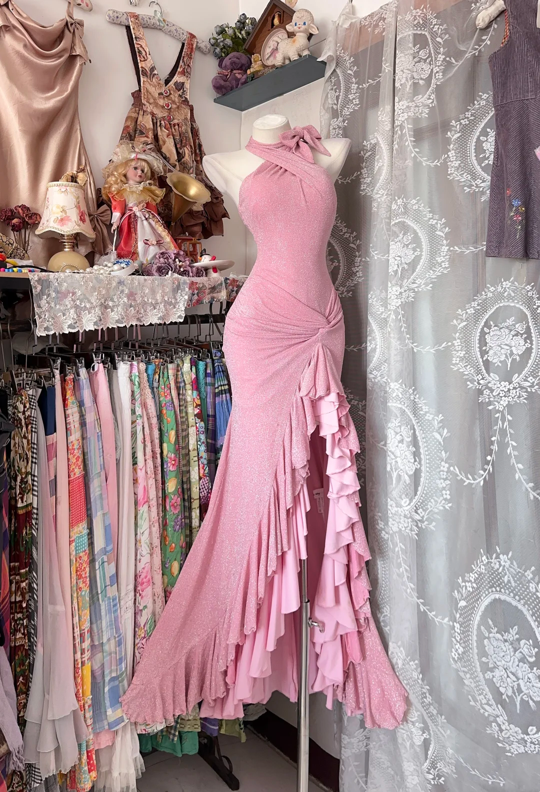 Mermaid Pink Ruffle Prom Dress Slit Formal Party Dress Evening Dress J9449