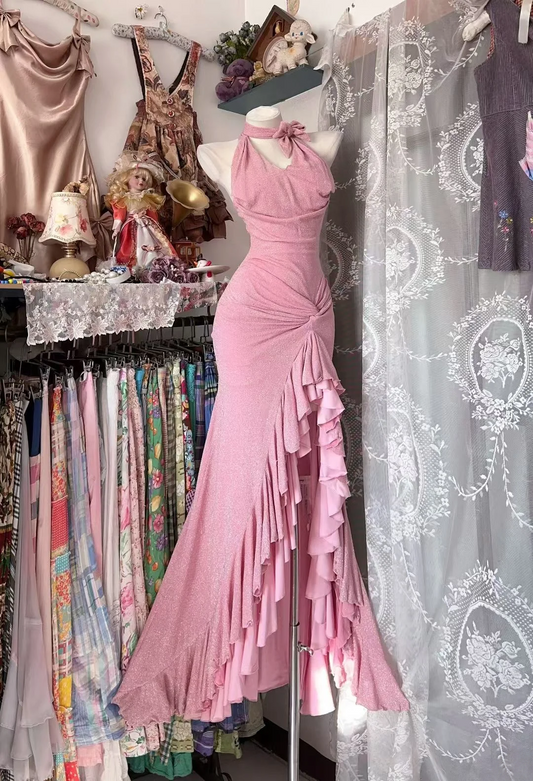 Mermaid Pink Ruffle Prom Dress Slit Formal Party Dress Evening Dress J9449