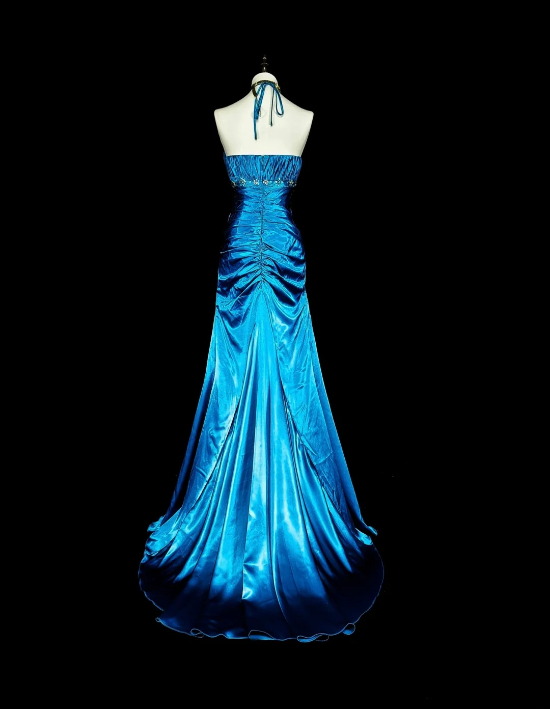 Halter Blue Satin Prom Dress Beaded Mermaid Evening Dress J9452