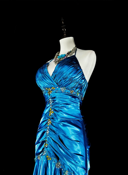 Halter Blue Satin Prom Dress Beaded Mermaid Evening Dress J9452