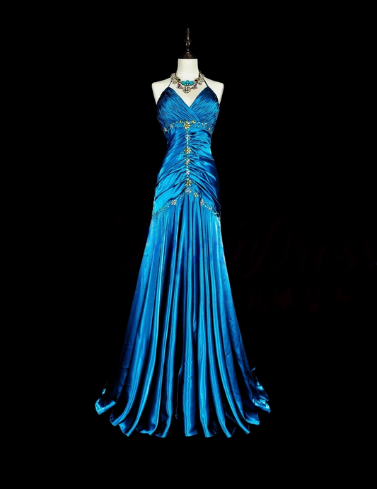 Halter Blue Satin Prom Dress Beaded Mermaid Evening Dress J9452
