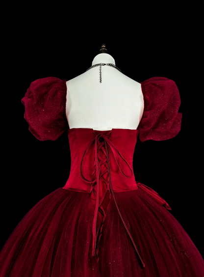 A Line Burgundy Tulle Prom Dress Short Sleeves Birthday Dress J9455