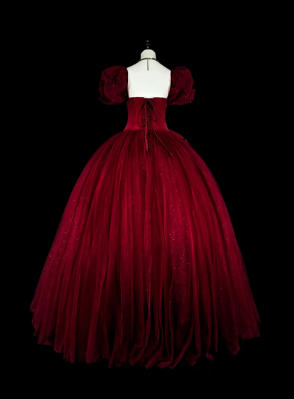 A Line Burgundy Tulle Prom Dress Short Sleeves Birthday Dress J9455