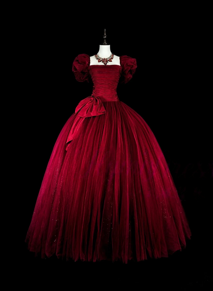 A Line Burgundy Tulle Prom Dress Short Sleeves Birthday Dress J9455