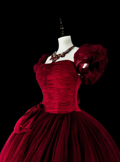 A Line Burgundy Tulle Prom Dress Short Sleeves Birthday Dress J9455